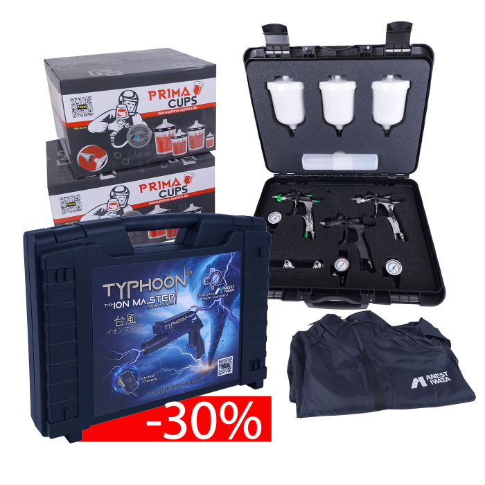 TYPHOON The Ion Master + EXCLUSIVE FINISHING SET 130338A0SS-PR16 , LS-400-SR2 1.3ET WS-400-SR2 1.3HD + WS PRIMER 1,6; 3 cani 2 manometre AFV, Anest IWATA - Copie [1]
