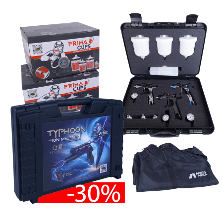 Pachete si Seturi - TYPHOON The Ion Master + EXCLUSIVE FINISHING SET, 130301A0SS-PR18W, WS400SR2 1,3HD + WS400 SR2 BF-S + WS PRIMER 1,8; 3 cani 2 manometre AFV + 1 Manometru Impact Controller2, Anest IWATA - Copie