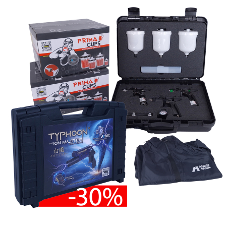 Pistoale de vopsire - TYPHOON The Ion Master + EXCLUSIVE FINISHING SET (Digitale), 130338A0DD-PR18, LS-400-SR2D 1.3ET WS-400-SR2D 1.3HD + WS PRIMER, 3 cani, 1 manometru Impact Controller2, Anest IWATA