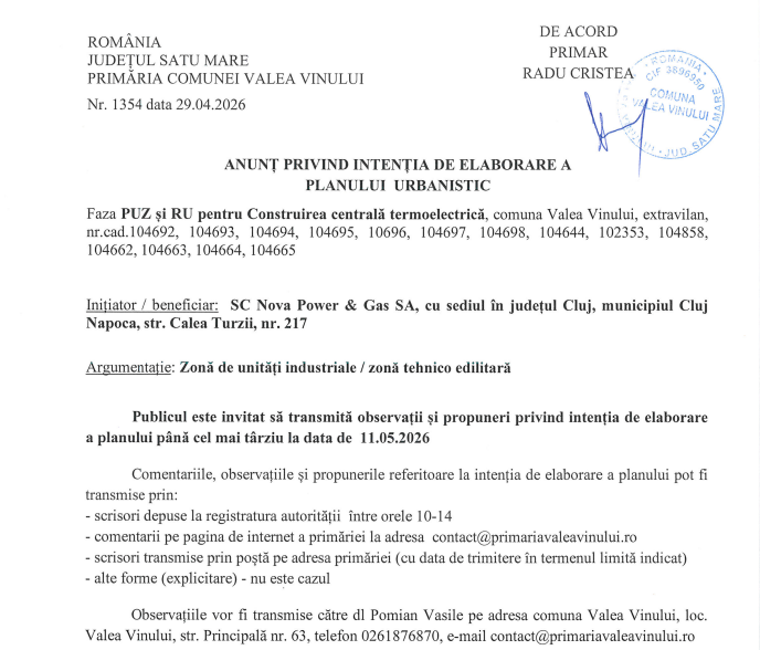 Anunt privind intentia de elaborare plan urbanistic - 2026