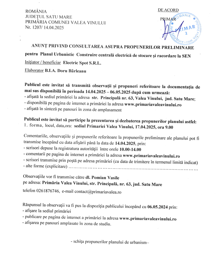 Anunt privind consultarea asupra propunerilor preliminare privind Planul urbanistic Construire centrala electrica de stocare si racordare la SEN