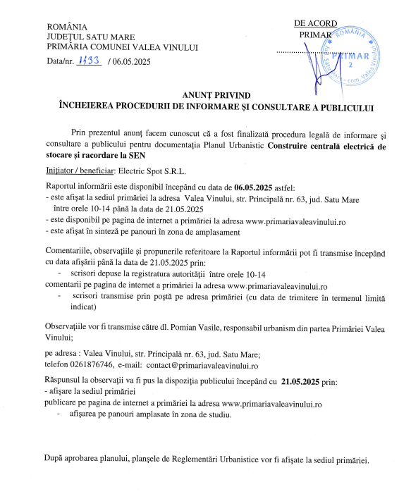 ANUNT PRIVIND INCHEIEREA PROCEDURII DE INFORMARE SI CONSULTARE A PUBLICULUI
