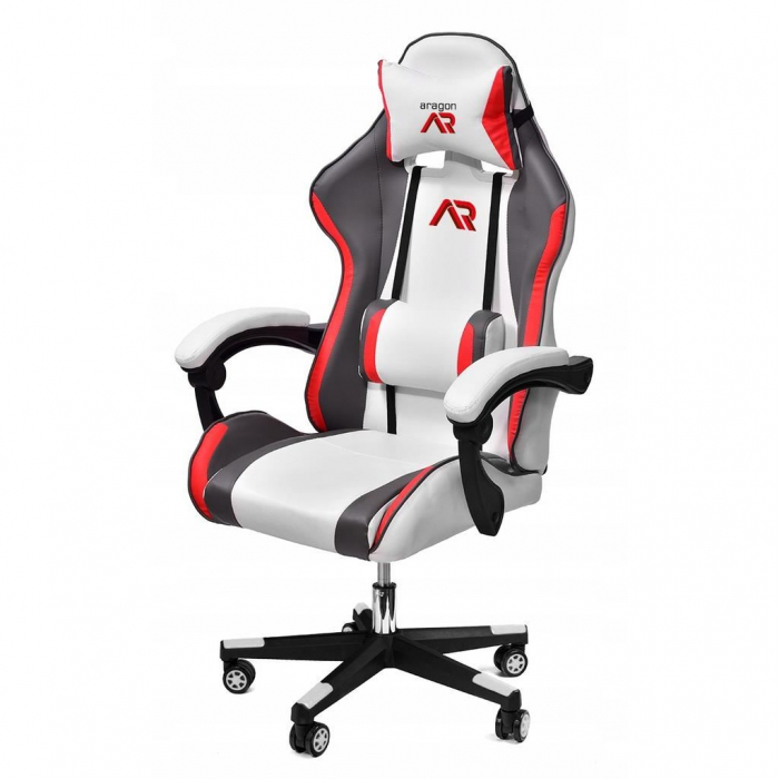 Scaun de gaming, cu perna lombara, alb, gri si rosu, 65x67x112 cm + mousepad cadou, Aragon [6]
