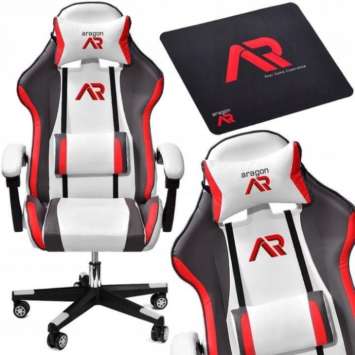 Scaun de gaming, cu perna lombara, alb, gri si rosu, 65x67x112 cm + mousepad cadou, Aragon [2]