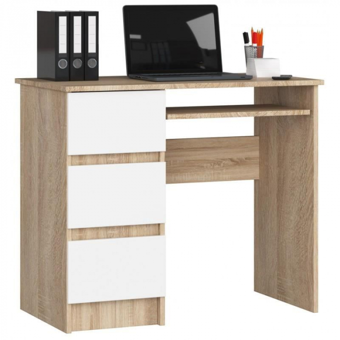 Birou calculator, placa laminata, 3 sertare, stanga, 1 raft, stejar si alb, 90x50x77 cm [3]