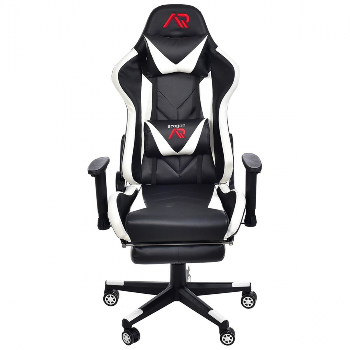 Scaun de gaming alb-negru cu suport de picioare + mousepad cadou [2]