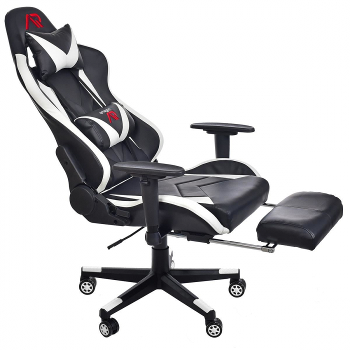 Scaun de gaming alb-negru cu suport de picioare + mousepad cadou [3]