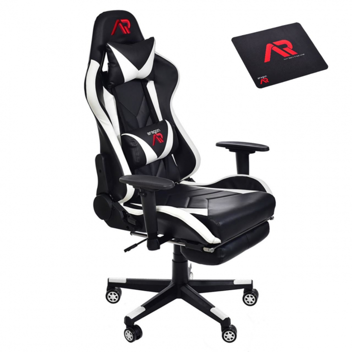 Scaun de gaming alb-negru cu suport de picioare + mousepad cadou [1]