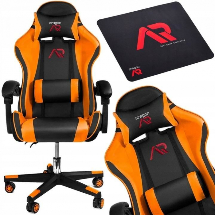 Scaun de gaming, cu perna lombara, portocaliu si negru, 65x67x112 cm + mousepad cadou, Aragon [2]