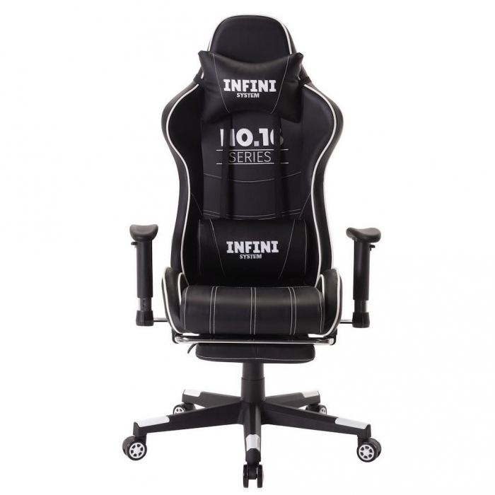 Scaun de gaming, cu suport de picioare, negru-alb, Infini [2]