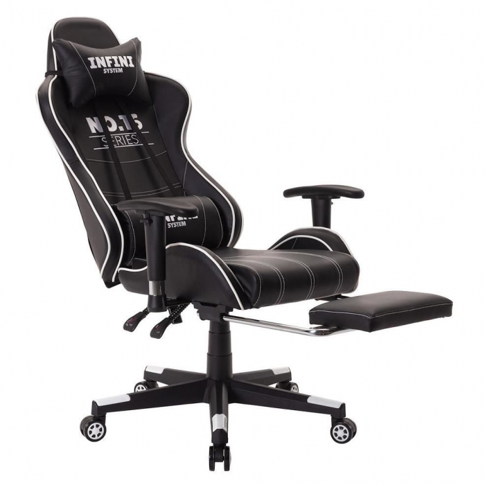 Scaun de gaming, cu suport de picioare, negru-alb, Infini [5]