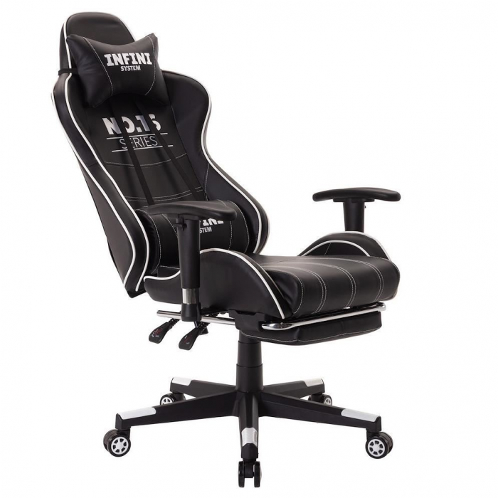 Scaun de gaming, cu suport de picioare, negru-alb, Infini [3]