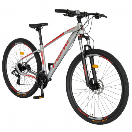 Bicicleta MTB-HT, C2959AH Schimbator Shimano Altus RD-M310-L, 24 Viteze, Cadru Aluminiu, Roti 29 Inch, Frane Hidraulice, Carpat, Gri cu Design Rosu [1]