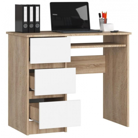 Birou calculator, placa laminata, 3 sertare, stanga, 1 raft, stejar si alb, 90x50x77 cm [3]