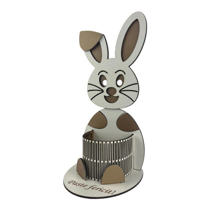 Iepuras decorativ cu suport 24 cm lungime x 12 cm latime x 11 cm inaltime pentru creioane sau ou personalizat cu textul Paste fericit confectionata din MDF 3mm alb lucios [4]