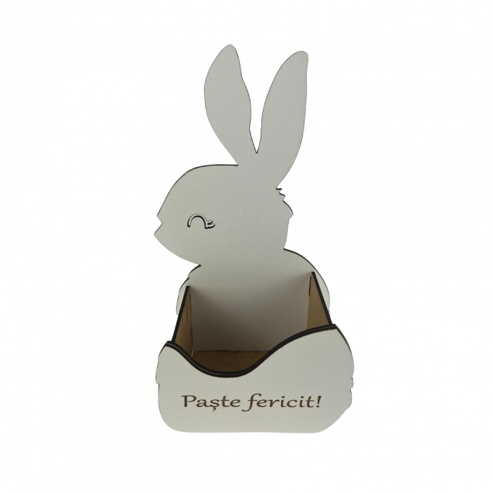 Cutie alba in forma de iepuras 22 cm lungime x 12 cm latime x 8 cm inaltime personalizata cu textul Paste fericit confectionata din MDF 3mm alb lucios [4]