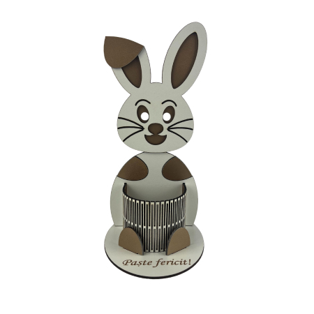 Cadouri personalizate din MDF - Iepuras decorativ cu suport 24 cm lungime x 12 cm latime x 11 cm inaltime pentru creioane sau ou personalizat cu textul Paste fericit confectionata din MDF 3mm alb lucios
