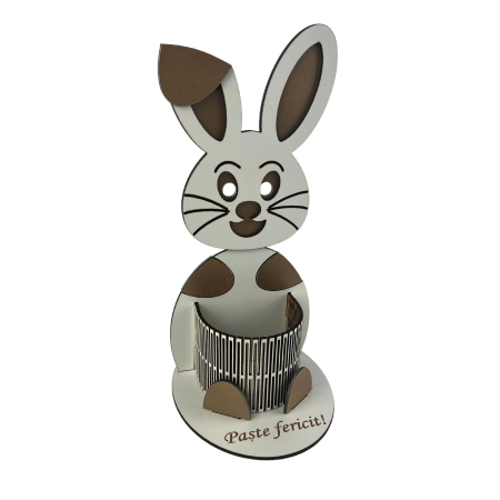 Iepuras decorativ cu suport 24 cm lungime x 12 cm latime x 11 cm inaltime pentru creioane sau ou personalizat cu textul Paste fericit confectionata din MDF 3mm alb lucios [2]