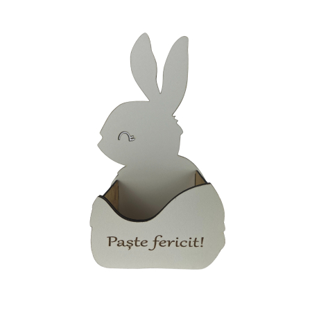 Cadouri personalizate din MDF - Cutie alba in forma de iepuras 22 cm lungime x 12 cm latime x 8 cm inaltime personalizata cu textul Paste fericit confectionata din MDF 3mm alb lucios