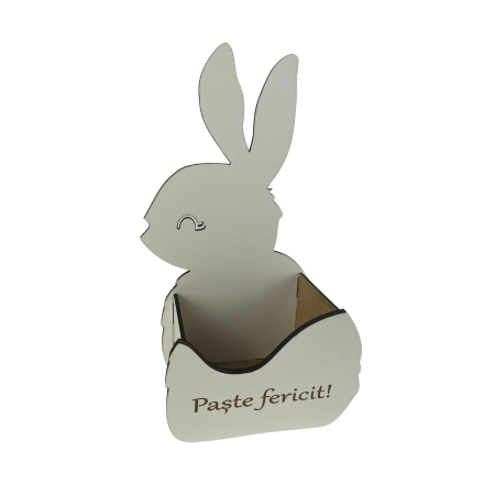 Cutie alba in forma de iepuras 22 cm lungime x 12 cm latime x 8 cm inaltime personalizata cu textul Paste fericit confectionata din MDF 3mm alb lucios [2]