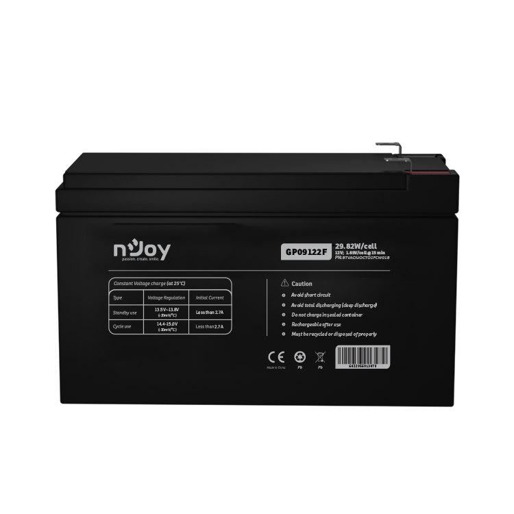 ACUMULATOR NJOY GP09122F 12V Tip VRLA AGM Terminale F2 Durata teoretica de viata in mod asteptare pana la 5 ani Cycle Use 14.4V-15.0V (-30mV/C), max. Current: 2.7A Float Use 13.5-13.8V (-20 mV/C) http [2]