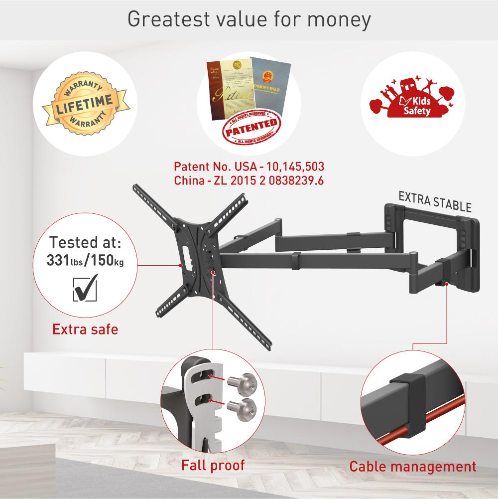 NOD_products_tech - Suport TV plat/curbat de perete cu 2 brate Barkan BM464XL, 13"- 83", Max 50kg, VESA 600x400, negru