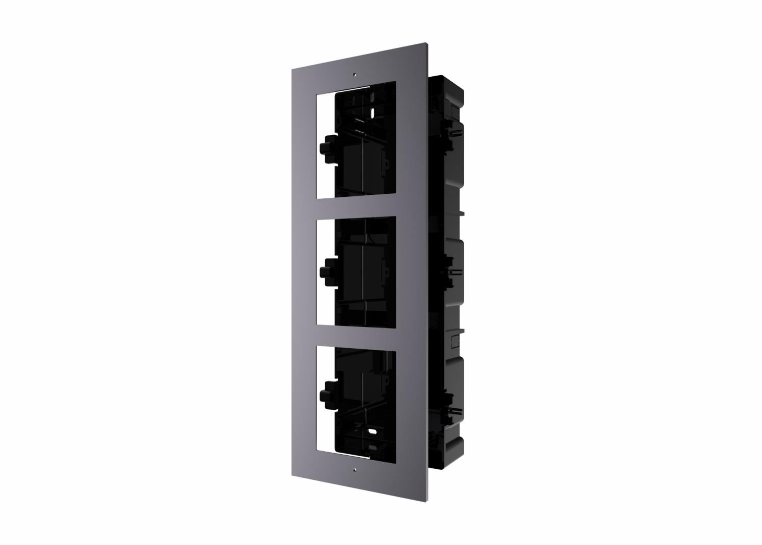 NOD_products_tech - Panou frontal pentru 3 module videointerfon modular Hikvision DS-KD-ACF3; permite conectarea a 3 module de videointerfon modular; mo ntareincastrata; material aluminiu, doza de plastic inclusa; dimens