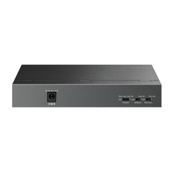 "9-Port 10/100 Mbps Desktop Switch with 8-Port PoE+ PORT: 8× 10/100 Mbps PoE+ Ports, 1× 10/100 Mbps Non-PoE Port SPEC: 802.3at/af, 63 W PoE Power, Desktop Steel Case FEATURE: Extend Mode for 250m PoE  [2]