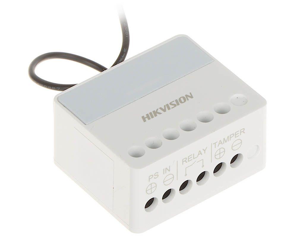 NOD_products_tech - Modul releu AXPRO Hikvision DS-PM1-O1L-WE, 1 x NO/NC (0~36 V DC, Max 5 A), comunicare 868 MHz two-way wireless, criptare AES-128, distanta de comunicare RF: 1800m, in camp deschis, 1x buton invatare( 