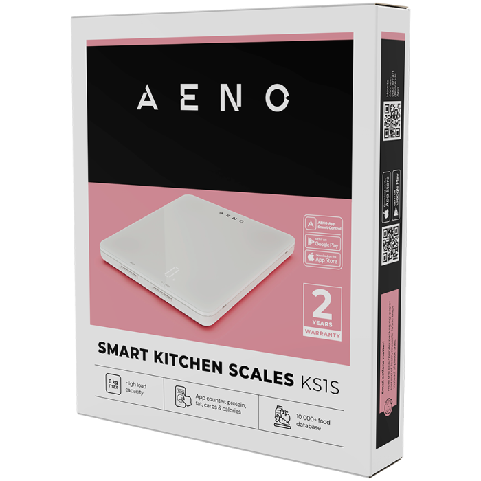 AENO Kitchen Scale KS1S Smart, Max load - 8 kg, Bluetooth, 10,000+ products & meals, 25 indicators analysis, Coffee mode, 6 unit conversion: kg, g, lb, fl, oz, ml, Material - glass [6]