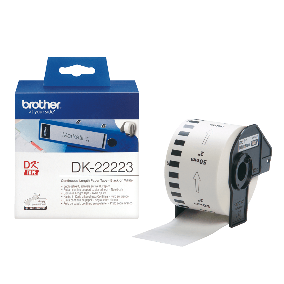 Rolă de etichete continuă originală Brother DK-22223 – negru pe alb, lățime de 50mm [2]