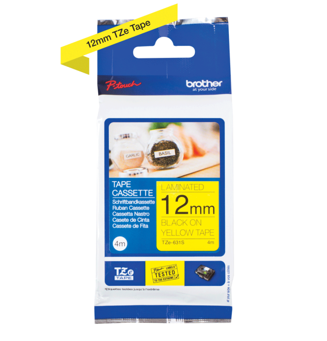 Casetă cu bandă de etichete originală Brother TZe-631S – negru pe galben de 12 mm lățime [3]