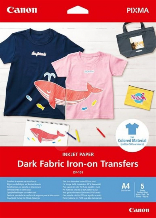 Canon DARK FABRIC IRON-ON TRANSFER A4, DF-101, greutate125 g/m2, 5 coli, compatibil cuPIXMA PRO-100, iX6800, iP8700, MG7500, MG6700, MG5600, PRO-100S, MG7700,MG5700, MG3600, TS9000, TS8000, TS6000, TS5000, TS9100, TS8100, TS6100,TR8500, TR7500, TS51xx, TS9500, TS8200, TS6200, TS700, TS8300 [1]