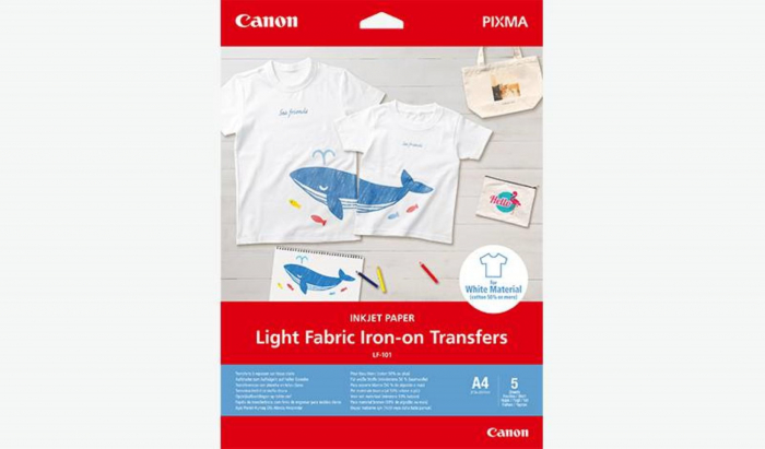Canon LIGHT FABRIC IRON-ON TRANSFER A4, LF-101, greutate125 g/m2, 5 coli, compatibil cuPIXMA PRO-100, iX6800, iP8700, MG7500, MG6700, MG5600, PRO-100S, MG7700,MG5700, MG3600, TS9000, TS8000, TS6000, TS5000, TS9100, TS8100, TS6100,TR8500, TR7500, TS51xx, TS9500, TS8200, TS6200, TS700, TS8300 [1]