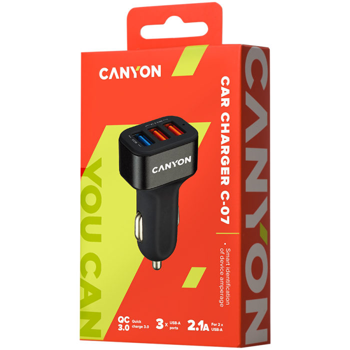 CANYON car charger C-07 QC 3.0 2.4A/3USB-A Black [3]