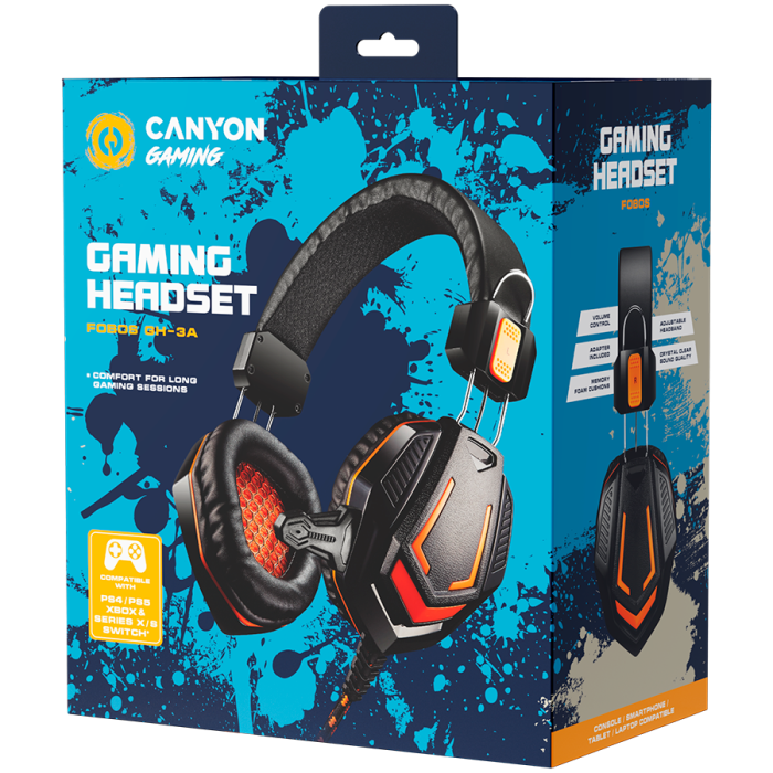 CANYON Fobos GH-3A, Gaming headset 3.5mm jack with microphone and volume control, with 2in1 3.5mm adapter, cable 2M, Black, 0.36kg [2]