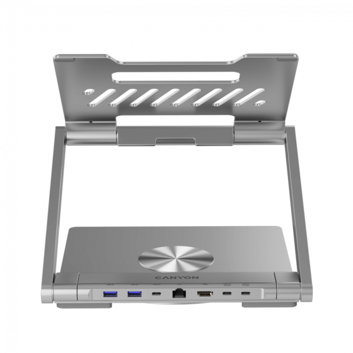 Canyon Laptop stands with hub, TYPE C F to HDMI2.0+2USB3.0+USBC3.0+RJ45+PD, TYEP C TO C cable 1m white with Emarker: HUSB332A, Material: Aluminum case+ABS+PS, Size: 245x240x27.2+/-0.3mm, Weight:1304g [10]