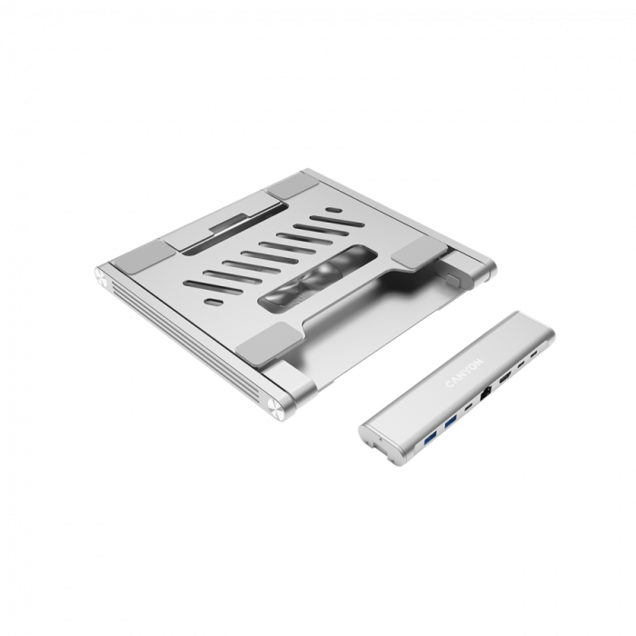 Canyon Laptop stands with hub, TYPE C F to HDMI2.0+2USB3.0+USBC3.0+RJ45+PD, TYEP C TO C cable 1m white with Emarker: HUSB332A, Material: Aluminum case+ABS+PS, Size: 245x240x27.2+/-0.3mm, Weight:1304g [2]