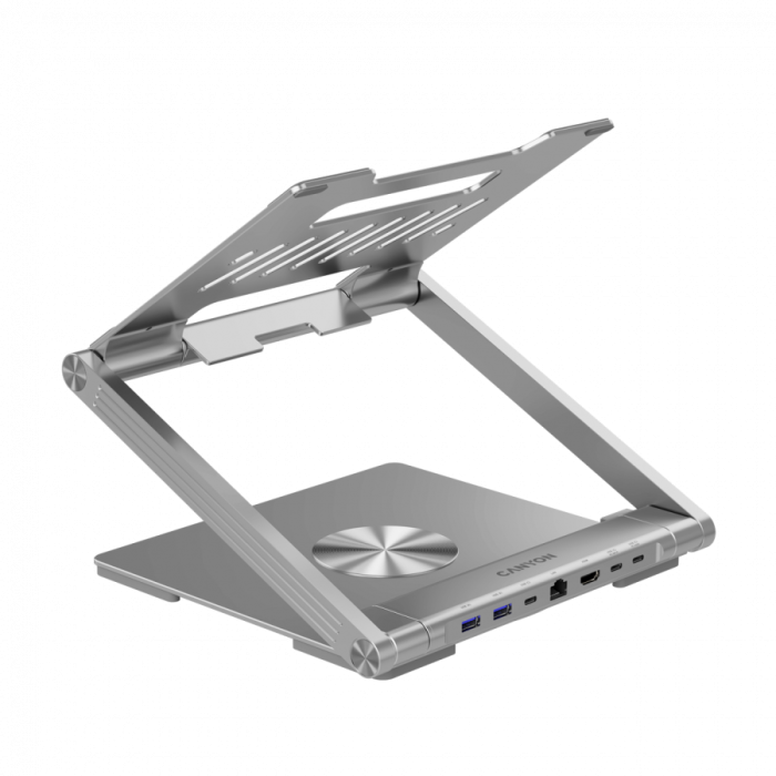 Canyon Laptop stands with hub, TYPE C F to HDMI2.0+2USB3.0+USBC3.0+RJ45+PD, TYEP C TO C cable 1m white with Emarker: HUSB332A, Material: Aluminum case+ABS+PS, Size: 245x240x27.2+/-0.3mm, Weight:1304g [11]
