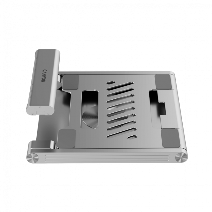 Canyon Laptop stands with hub, TYPE C F to HDMI2.0+2USB3.0+USBC3.0+RJ45+PD, TYEP C TO C cable 1m white with Emarker: HUSB332A, Material: Aluminum case+ABS+PS, Size: 245x240x27.2+/-0.3mm, Weight:1304g [13]