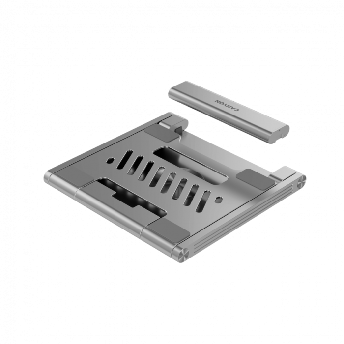 Canyon Laptop stands with hub, TYPE C F to HDMI2.0+2USB3.0+USBC3.0+RJ45+PD, TYEP C TO C cable 1m white with Emarker: HUSB332A, Material: Aluminum case+ABS+PS, Size: 245x240x27.2+/-0.3mm, Weight:1304g [14]