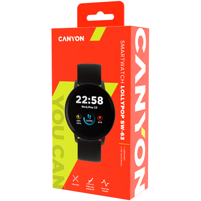 CANYON Lollypop SW-63, Smart watch, 1.3inches IPS full touch screen, Round watch, IP68 waterproof, multi-sport mode, BT5.0, compatibility with iOS and android, black, Host: 25.2*42.5*10.7mm, Strap: 20 [6]