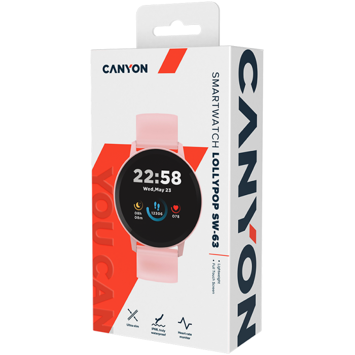 CANYON Lollypop SW-63, Smart watch, 1.3inches IPS full touch screen, Round watch, IP68 waterproof, multi-sport mode, BT5.0, compatibility with iOS and android, Pink, Host: 25.2*42.5*10.7mm, Strap: 20* [6]