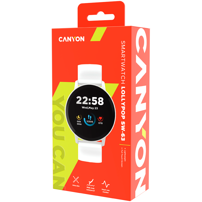 CANYON Lollypop SW-63, Smart watch, 1.3inches IPS full touch screen, Round watch, IP68 waterproof, multi-sport mode, BT5.0, compatibility with iOS and android, Silver white, Host: 25.2*42.5*10.7mm, St [6]