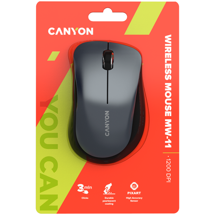 CANYON MW-11, 2.4 GHz Wireless mouse,with 3 buttons, DPI 1200, Battery:AAA*2pcs,Black,67*109*38mm,0.063kg [6]