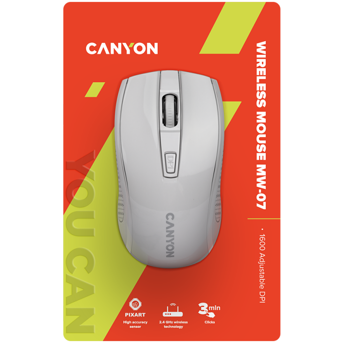 CANYON MW-7, 2.4Ghz wireless mouse, 6 buttons, DPI 800/1200/1600, with 1 AA battery ,size 110*60*37mm,58g,white [6]