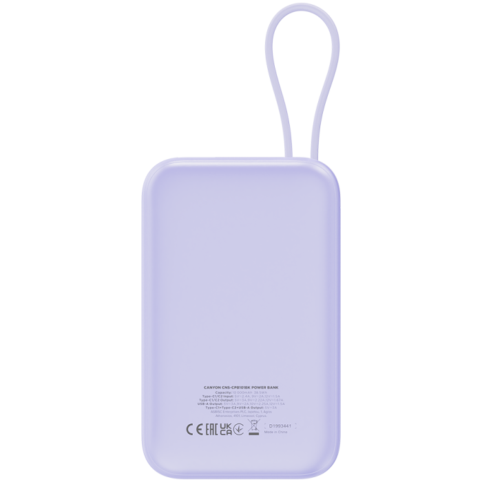 CANYON power bank OnPower 101 built-in cable 10000 mAh PD22.5W Purple [4]