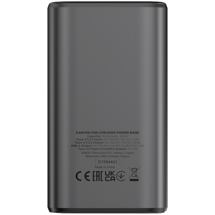 CANYON power bank OnPower 130 TFT 10000 mAh PD30W Dark Grey [3]