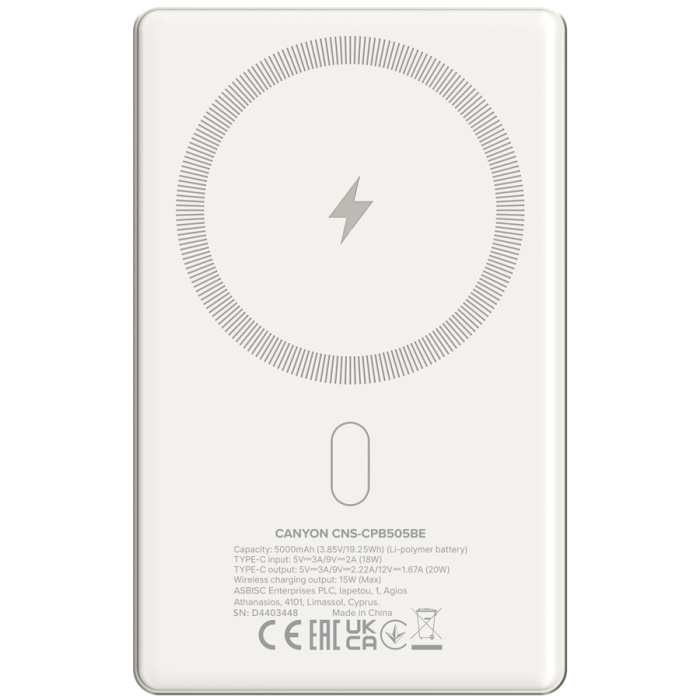 CANYON power bank OnPower 505 slim Magnetic 5000 mAh PD20W Beige [3]