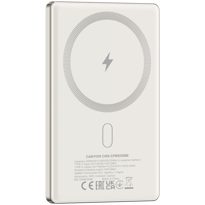 CANYON power bank OnPower 505 slim Magnetic 5000 mAh PD20W Beige [4]